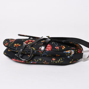 Christian Dior Galliano Period Saddle Bag Canvas Leather Navy Black Multicolor RU 0052 Floral Pattern Good Condition Used 4a008354