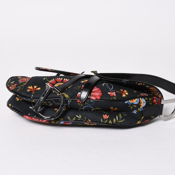 Christian Dior Galliano Period Saddle Bag Canvas Leather Navy Black Multicolor RU 0052 Floral Pattern Good Condition Used 4a008354