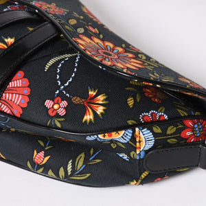 Christian Dior Galliano Period Saddle Bag Canvas Leather Navy Black Multicolor RU 0052 Floral Pattern Good Condition Used 4a008354