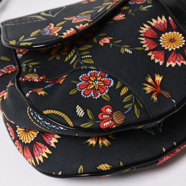 Christian Dior Galliano Period Saddle Bag Canvas Leather Navy Black Multicolor RU 0052 Floral Pattern Good Condition Used 4a008354