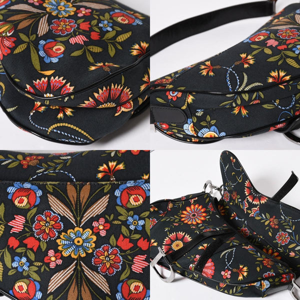 Christian Dior Galliano Period Saddle Bag Canvas Leather Navy Black Multicolor RU 0052 Floral Pattern Good Condition Used 4a008354
