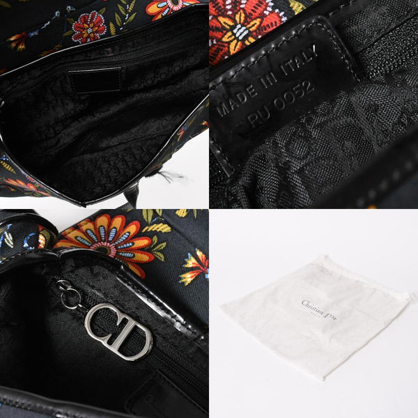 Christian Dior Galliano Period Saddle Bag Canvas Leather Navy Black Multicolor RU 0052 Floral Pattern Good Condition Used 4a008354