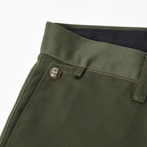 極美品 CHROME HEARTS クロムハーツ チノパンツ スクロールラベル クロスボール ボタン サイズ32 カーキ シルバー925 中古 4a008364