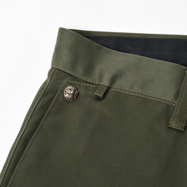 極美品 CHROME HEARTS クロムハーツ チノパンツ スクロールラベル クロスボール ボタン サイズ32 カーキ シルバー925 中古 4a008364