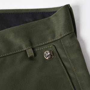 極美品 CHROME HEARTS クロムハーツ チノパンツ スクロールラベル クロスボール ボタン サイズ32 カーキ シルバー925 中古 4a008364