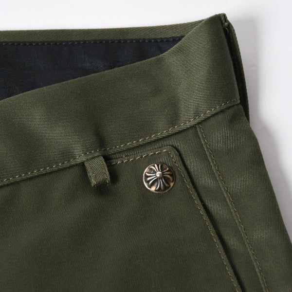 極美品 CHROME HEARTS クロムハーツ チノパンツ スクロールラベル クロスボール ボタン サイズ32 カーキ シルバー925 中古 4a008364