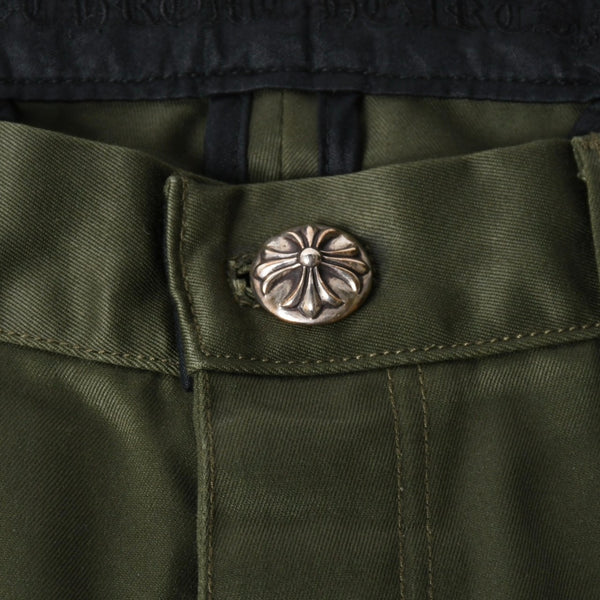 極美品 CHROME HEARTS クロムハーツ チノパンツ スクロールラベル クロスボール ボタン サイズ32 カーキ シルバー925 中古 4a008364