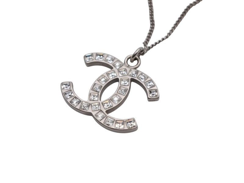 CHANEL Coco Mark Square Rhinestone Necklace Weight approx. 4.5g 09P stamp Total length approx. 50cm Silver Metal Good Condition Used 4b006443