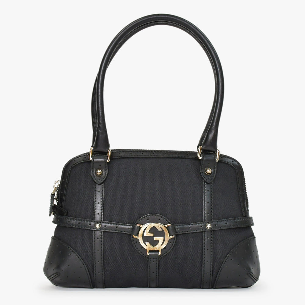 極美品 GUCCI グッチ インターロッキング ハンドバック 114882 001998 キャンバス レザー ブラック シルバー金具 中古 4b010069