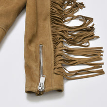 画像をギャラリービューアに読み込む, SAINT LAURENT PARIS サンローランパリ フリンジ ライダースジャケット 455748 Y5QM2 イタリア製 やぎ革 ベージュ シルバー金具 サイズF34 美品 中古 4b010476