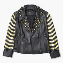 画像をギャラリービューアに読み込む, 極美品 FENDI フェンディ GOLD Edition ゴールドエディション スタッズ レザージャケット ブラック ゴールド サイズ38 中古 4b010477