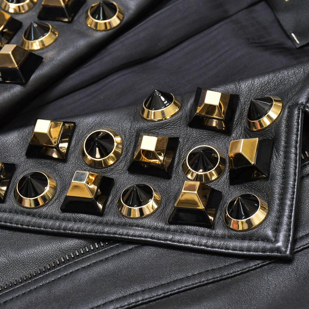 Very Good Condition FENDI GOLD Edition Studded Leather Jacket Black Gold Size 38 Used 4b010477