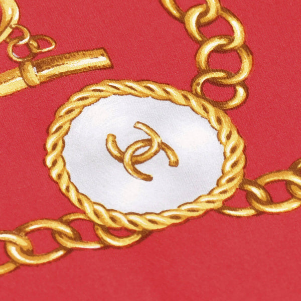 CHANEL シャネル スカーフ バンダナ ココマーク チェーンアクセ柄 ハンカチ 80cm レッド シルク 美品 中古 4b010485