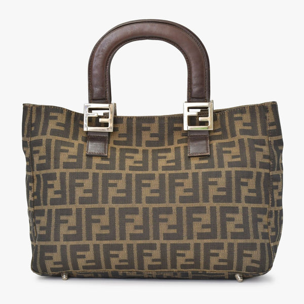FENDI フェンディ ハンドバッグ トートバッグ ズッカ柄 キャンバス ブラウン シルバー金具 美品 中古 4b010829
