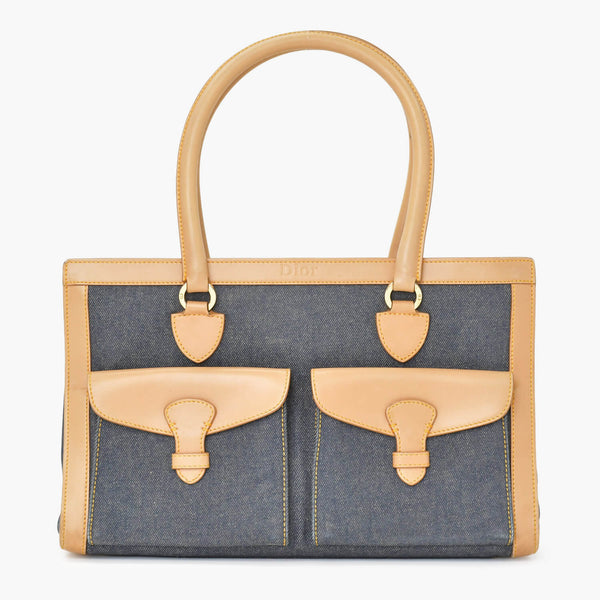 CHRISTIAN DIOR クリスチャンディオール ハンドバッグ BO B 0022 デニム レザー ネイビー ブラウン ゴールド金具 美品 中古 4b010831