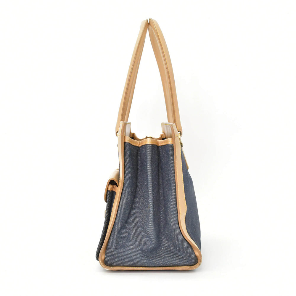 CHRISTIAN DIOR クリスチャンディオール ハンドバッグ BO B 0022 デニム レザー ネイビー ブラウン ゴールド金具 美品 中古 4b010831