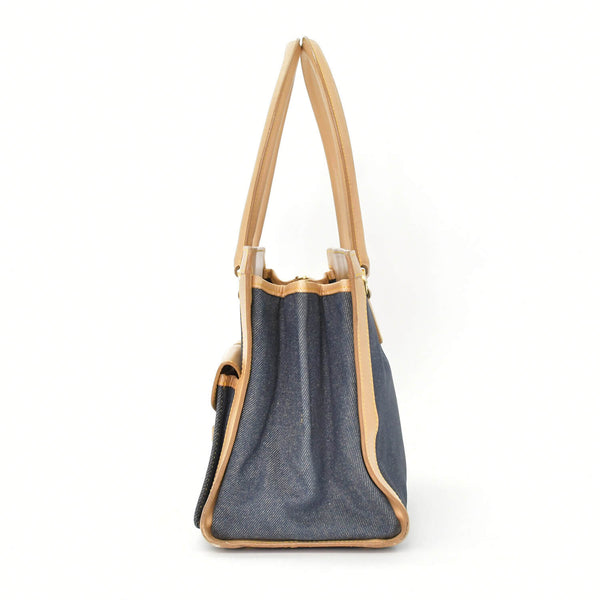 CHRISTIAN DIOR クリスチャンディオール ハンドバッグ BO B 0022 デニム レザー ネイビー ブラウン ゴールド金具 美品 中古 4b010831