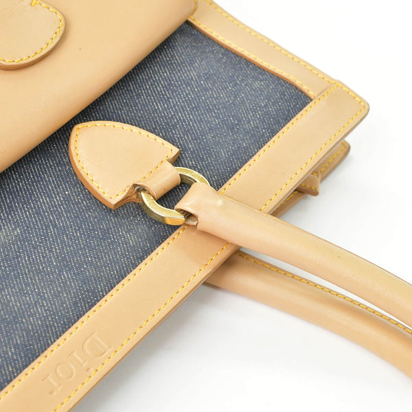 CHRISTIAN DIOR クリスチャンディオール ハンドバッグ BO B 0022 デニム レザー ネイビー ブラウン ゴールド金具 美品 中古 4b010831