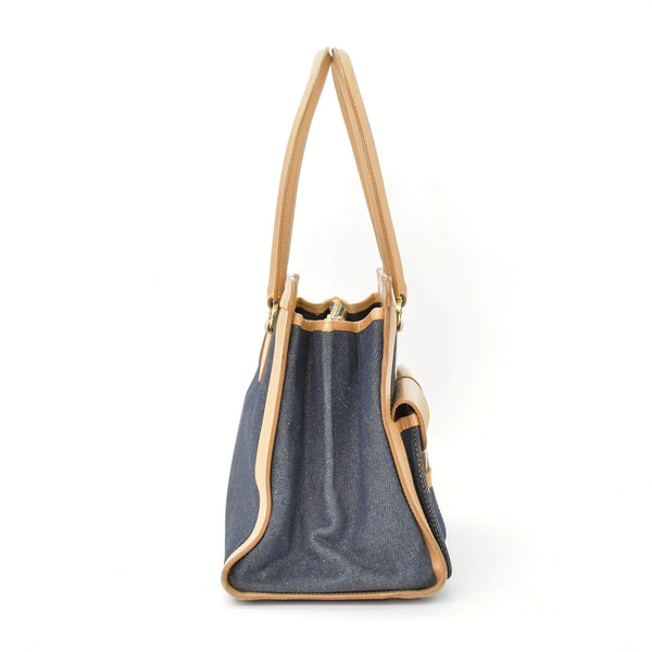 CHRISTIAN DIOR クリスチャンディオール ハンドバッグ BO B 0022 デニム レザー ネイビー ブラウン ゴールド金具 美品 中古 4b010831