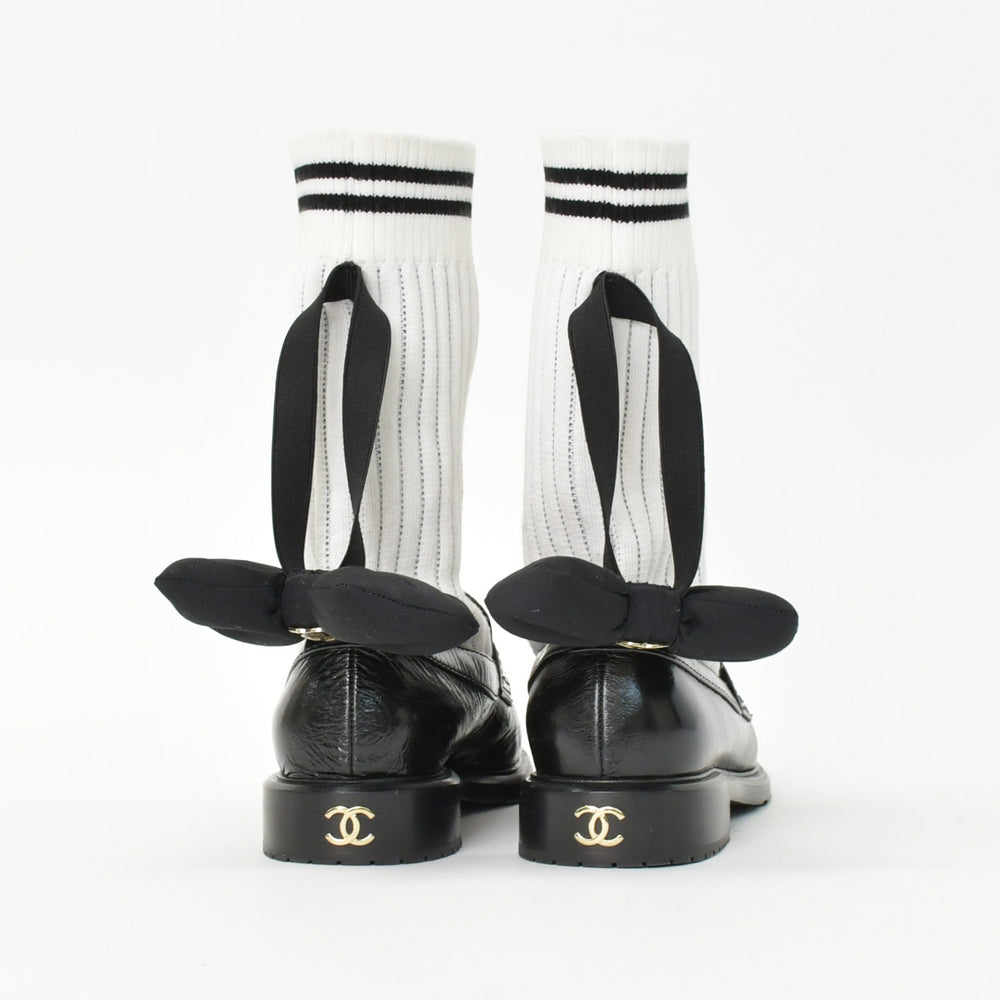 Very Good Condition CHANEL Chanel Loafers Leather Shoes G45410 Size 38C Here Mark Socks Docking Ribbon Leather Black Used 4b011481