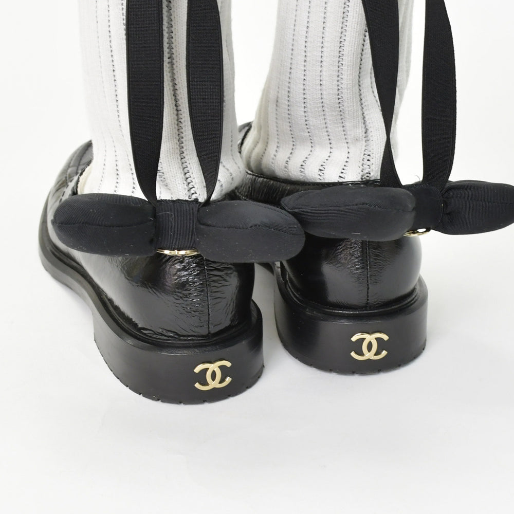 Very Good Condition CHANEL Chanel Loafers Leather Shoes G45410 Size 38C Here Mark Socks Docking Ribbon Leather Black Used 4b011481