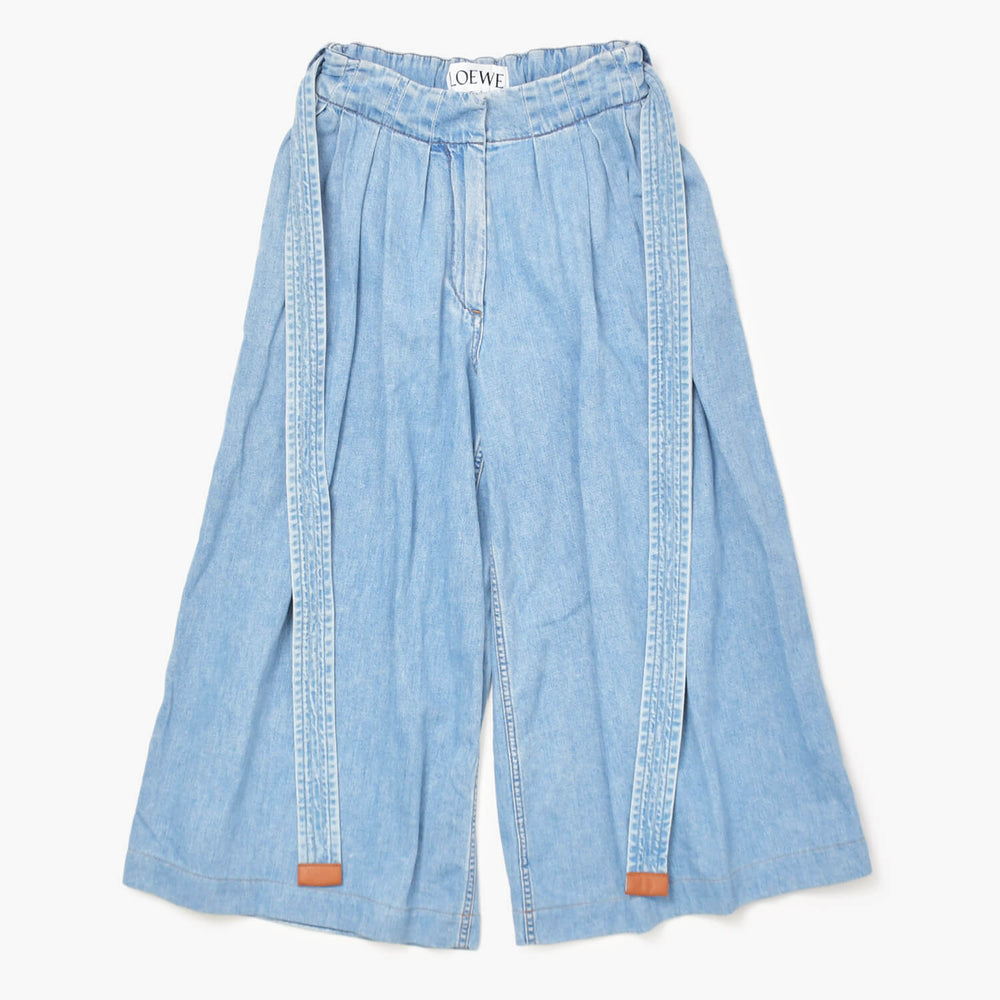 極美品 LOEWE ロエベ ベルト ワイド デニム パンツ スカイ ブルー コットン イタリア製 サイズ 32 H526Y04W08 中古 4b010252