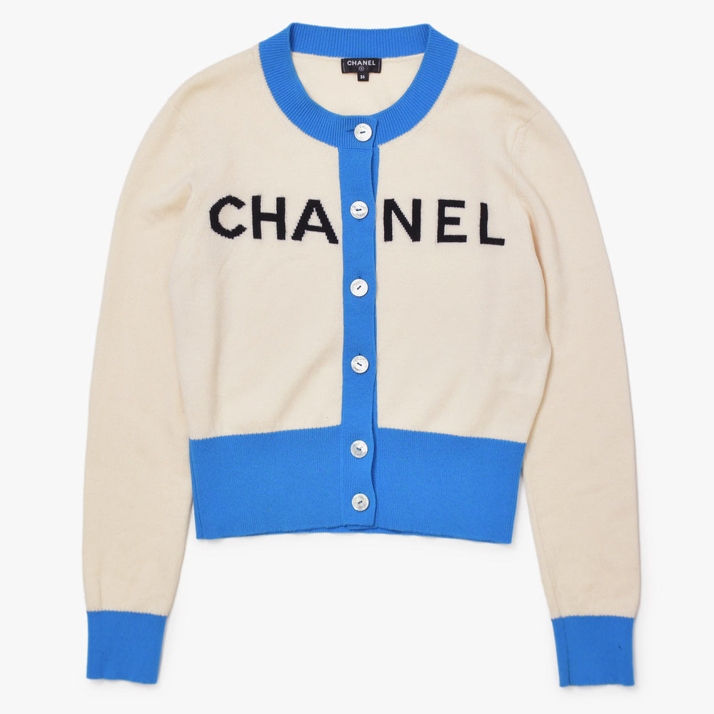 CHANEL CHANEL Logo Cardigan P61427K46799 Series 0 White Blue Cashmere Size 36 Good Condition Used 4b010311