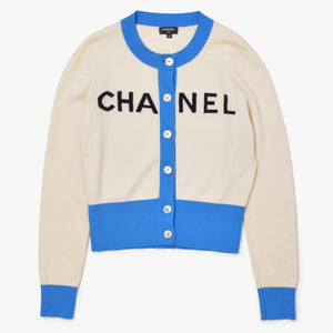 CHANEL CHANEL Logo Cardigan P61427K46799 Series 0 White Blue Cashmere Size 36 Good Condition Used 4b010311