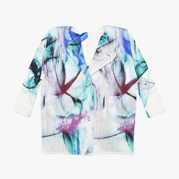 新品同様 ISSEY MIYAKE イッセイミヤケ プリーツプリーズ カーディガン 総柄 日本製 ポリエステル ホワイト ブルー サイズ3 中古 4b010941