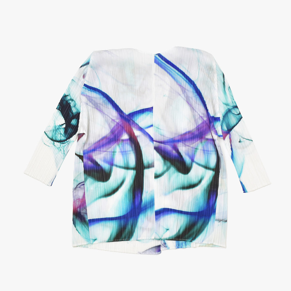 新品同様 ISSEY MIYAKE イッセイミヤケ プリーツプリーズ カーディガン 総柄 日本製 ポリエステル ホワイト ブルー サイズ3 中古 4b010941