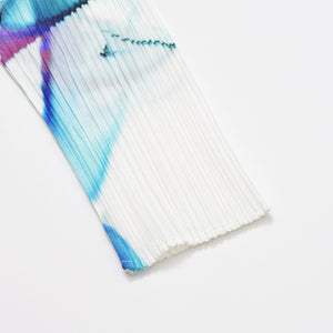新品同様 ISSEY MIYAKE イッセイミヤケ プリーツプリーズ カーディガン 総柄 日本製 ポリエステル ホワイト ブルー サイズ3 中古 4b010941