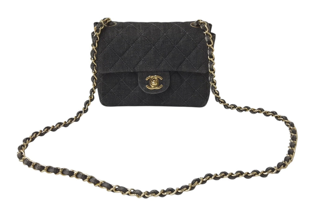 CHANEL Denim Mini Matelasse 17 Chain Shoulder Bag No. 6 Coco Mark Black Gold Hardware Good Condition Used 4b001144