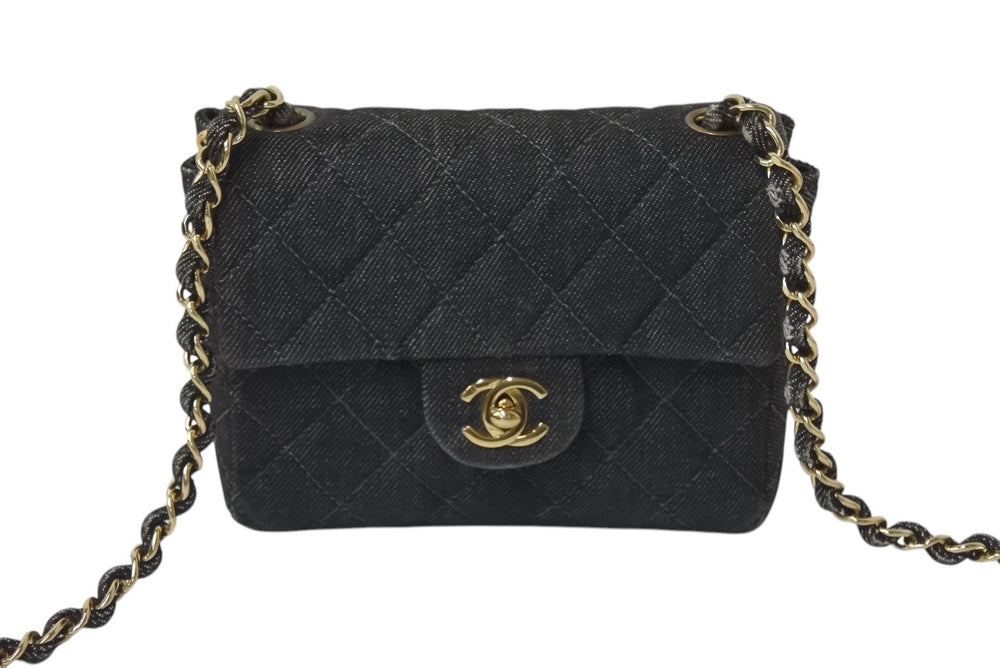 CHANEL Denim Mini Matelasse 17 Chain Shoulder Bag No. 6 Coco Mark Black Gold Hardware Good Condition Used 4b001144