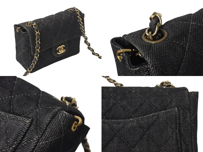 CHANEL Denim Mini Matelasse 17 Chain Shoulder Bag No. 6 Coco Mark Black Gold Hardware Good Condition Used 4b001144