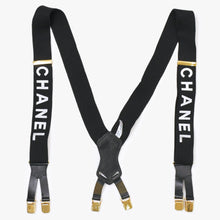 Load image into Gallery viewer, 極美品 CHANEL シャネル サスペンダー ロゴマーク ヴィンテージ ゴム レザー ブラック ゴールド 中古 4b011482