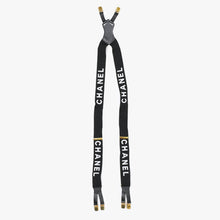 Load image into Gallery viewer, 極美品 CHANEL シャネル サスペンダー ロゴマーク ヴィンテージ ゴム レザー ブラック ゴールド 中古 4b011482
