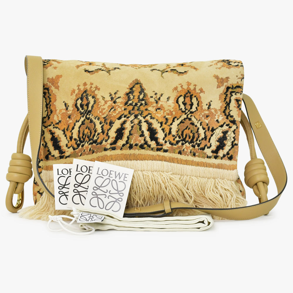 極美品 LOEWE ロエベ フラメンコ 花柄 ショルダーバッグ スエード レザー ブラウン ベージュ ゴールド金具 中古 4b011856