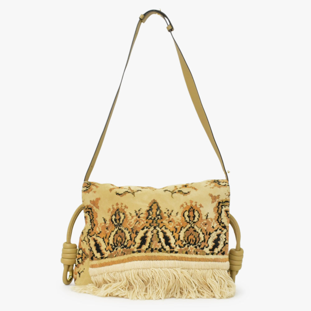 極美品 LOEWE ロエベ フラメンコ 花柄 ショルダーバッグ スエード レザー ブラウン ベージュ ゴールド金具 中古 4b011856