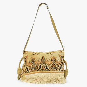 極美品 LOEWE ロエベ フラメンコ 花柄 ショルダーバッグ スエード レザー ブラウン ベージュ ゴールド金具 中古 4b011856