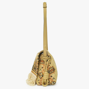 極美品 LOEWE ロエベ フラメンコ 花柄 ショルダーバッグ スエード レザー ブラウン ベージュ ゴールド金具 中古 4b011856