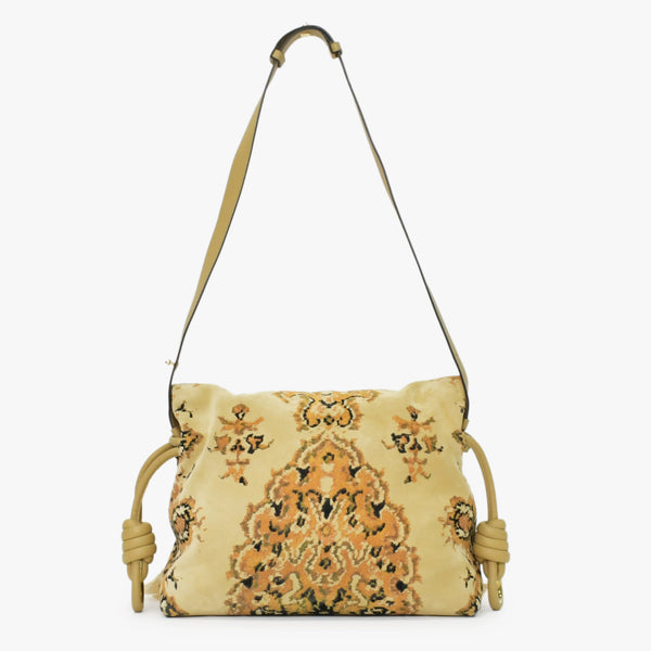 極美品 LOEWE ロエベ フラメンコ 花柄 ショルダーバッグ スエード レザー ブラウン ベージュ ゴールド金具 中古 4b011856