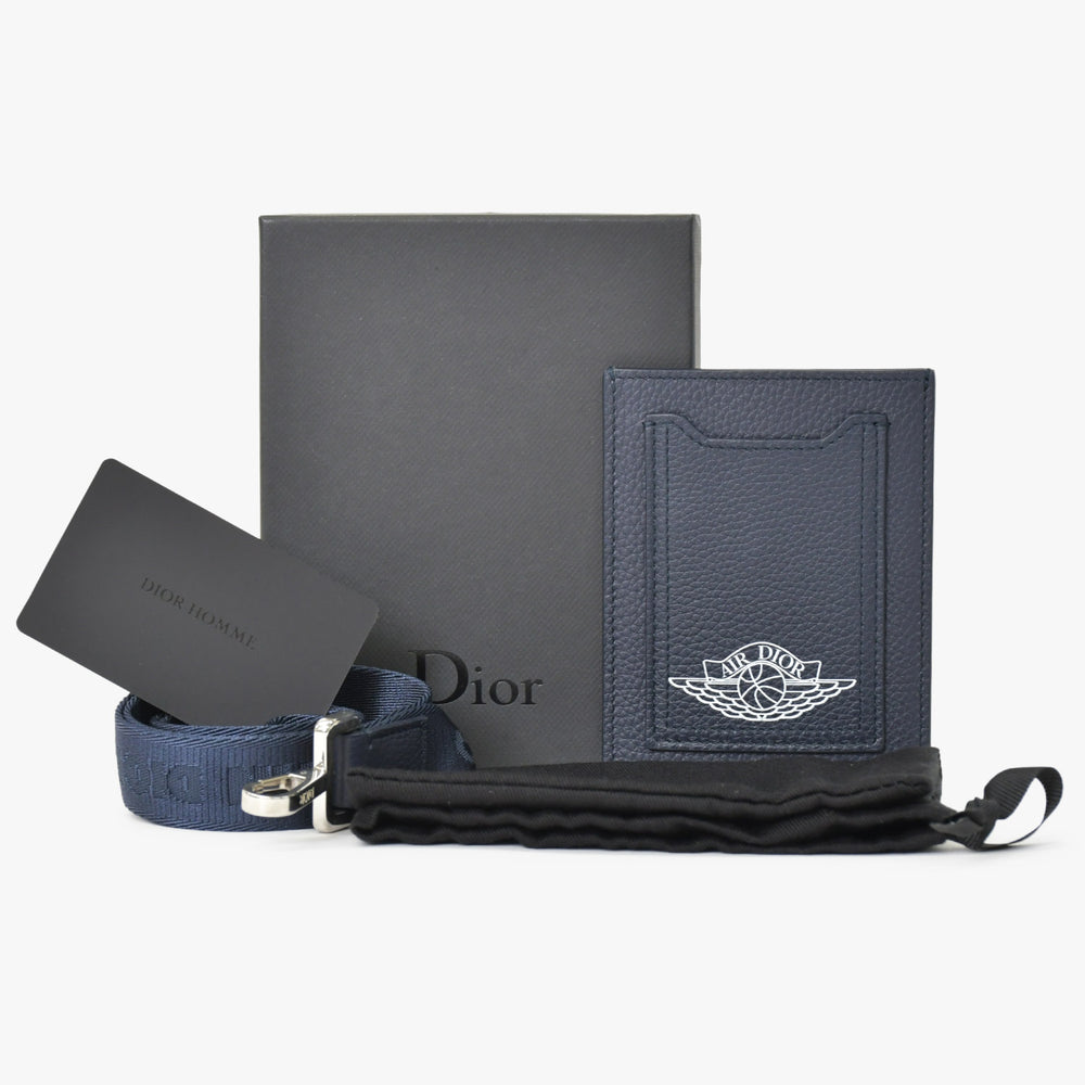 新品未使用 DIOR ディオール AIR DIOR カードケース ロゴ ストラップ レザー ネイビー シルバー金具 中古 4b012044