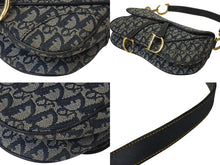 画像をギャラリービューアに読み込む, ChristianDior クリスチャンディオール トロッター ダブルサドルバッグ キャンバス レザー ネイビー ゴールド 美品 中古 4b001263