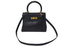 HERMES ○V engraved Mini Kelly 20 Black Voga River Inner Sewing 2WAY Shoulder Bag Good Condition Used 4b001272