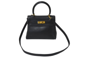 HERMES ○V engraved Mini Kelly 20 Black Voga River Inner Sewing 2WAY Shoulder Bag Good Condition Used 4b001272