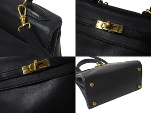 HERMES ○V engraved Mini Kelly 20 Black Voga River Inner Sewing 2WAY Shoulder Bag Good Condition Used 4b001272
