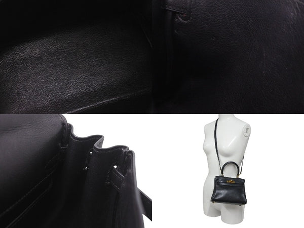 HERMES ○V engraved Mini Kelly 20 Black Voga River Inner Sewing 2WAY Shoulder Bag Good Condition Used 4b001272