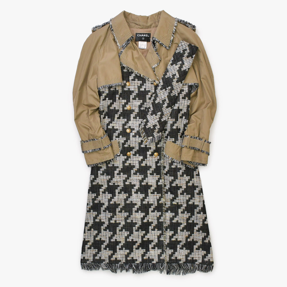 極美品 CHANEL シャネル ロングコート P25956W03546 サイズ50 ネクタイ ココマーク ツイード ブラウン ブラック ホワイト 中古 4b012766