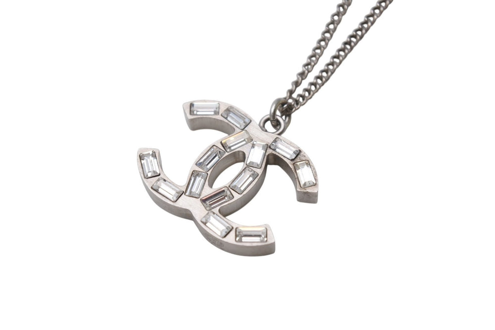 Very Good Condition CHANEL Coco Mark Necklace Accessory Metal Square Rhinestone Silver 9.0g Used 4b001365
