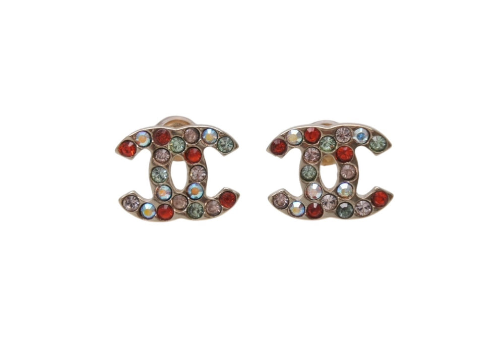 極美品 CHANEL シャネル ココマーク ラインストーン ピアス アクセサリー 04A刻印 ゴールド マルチカラー 中古 4b001364